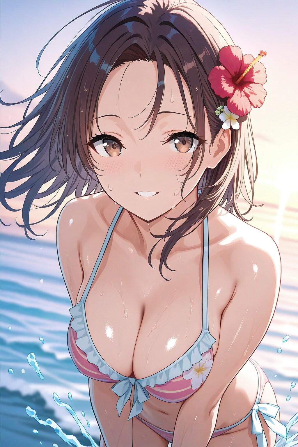 セミロングのピンクビキニ美女