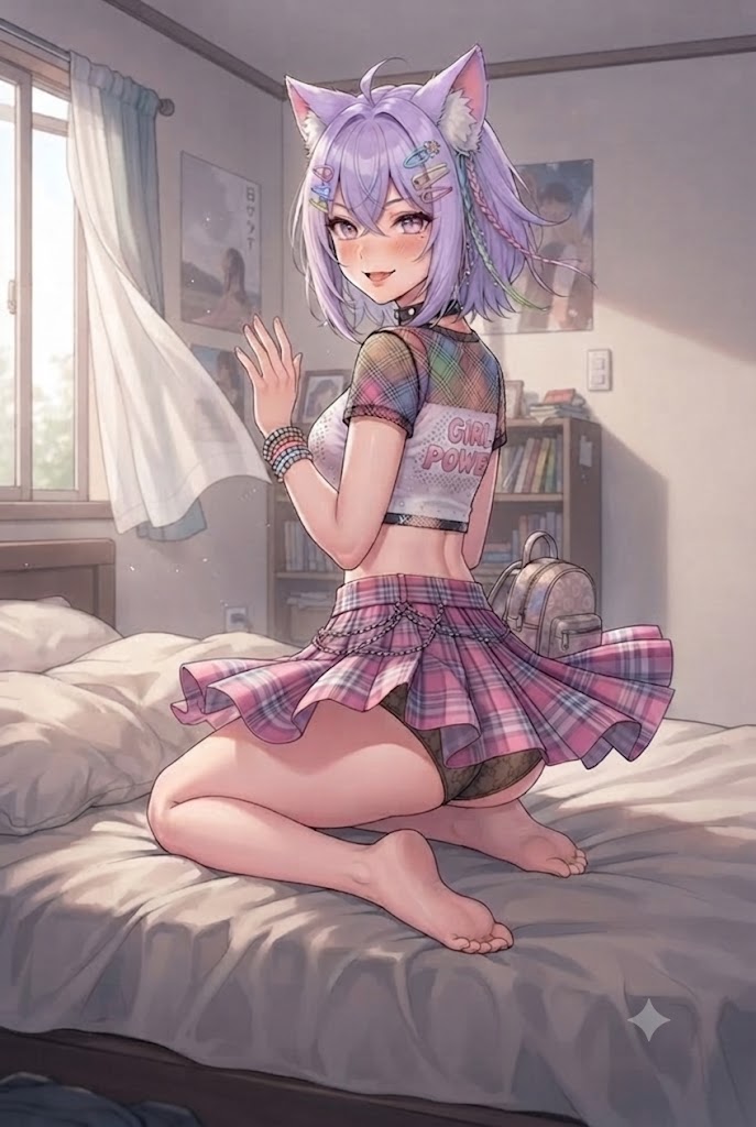 ベッドで女の子座りするギャルシス