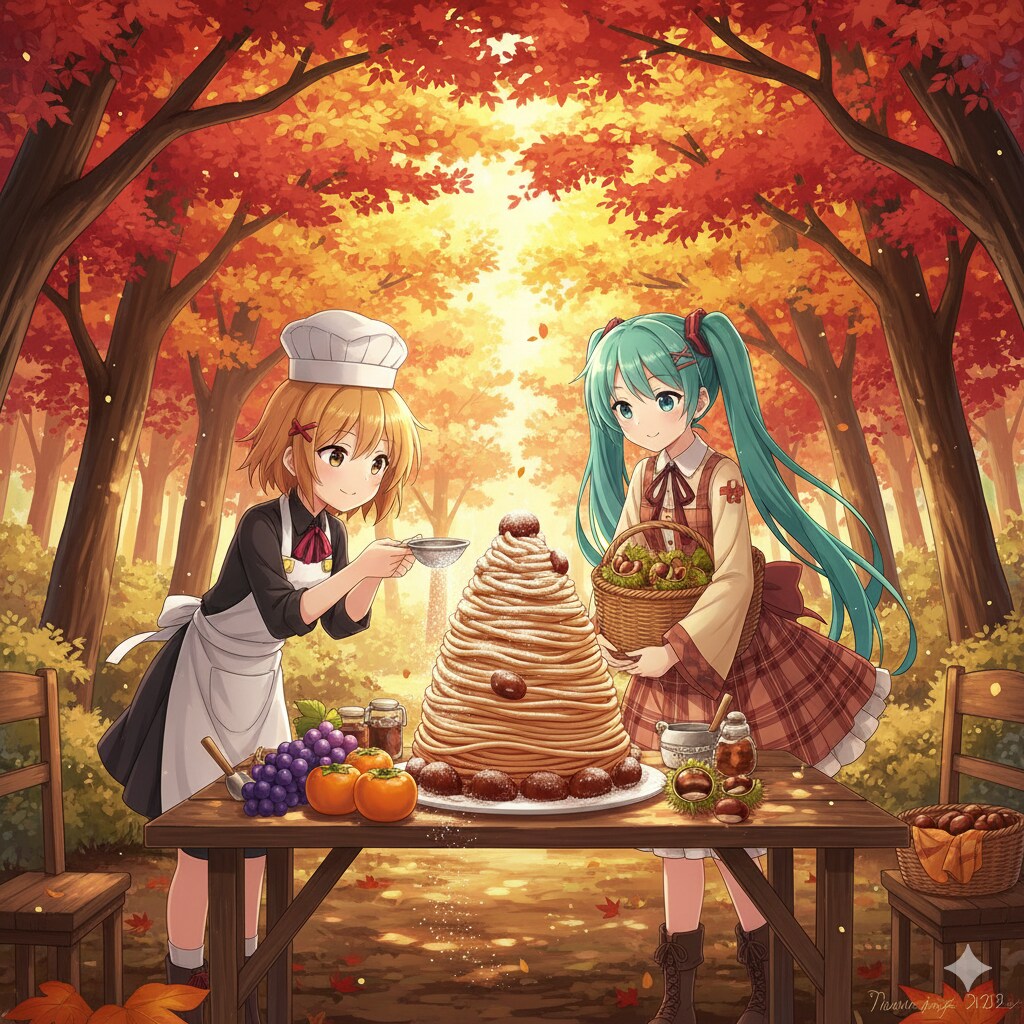 秋の森の巨大モンブラン作り