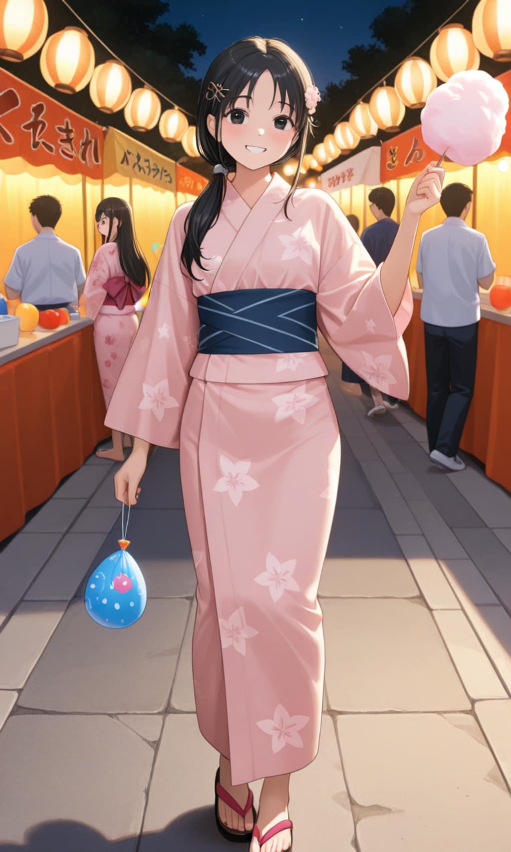 縁日を楽しむ黒髪の女の子