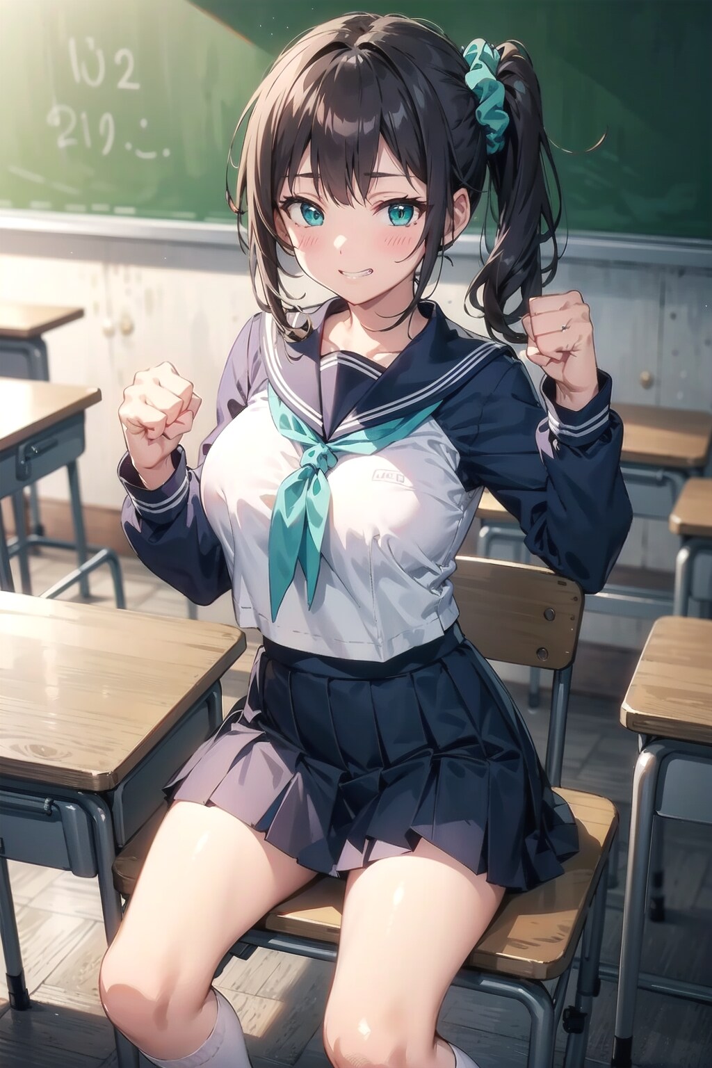 セーラー服でガッツポーズ