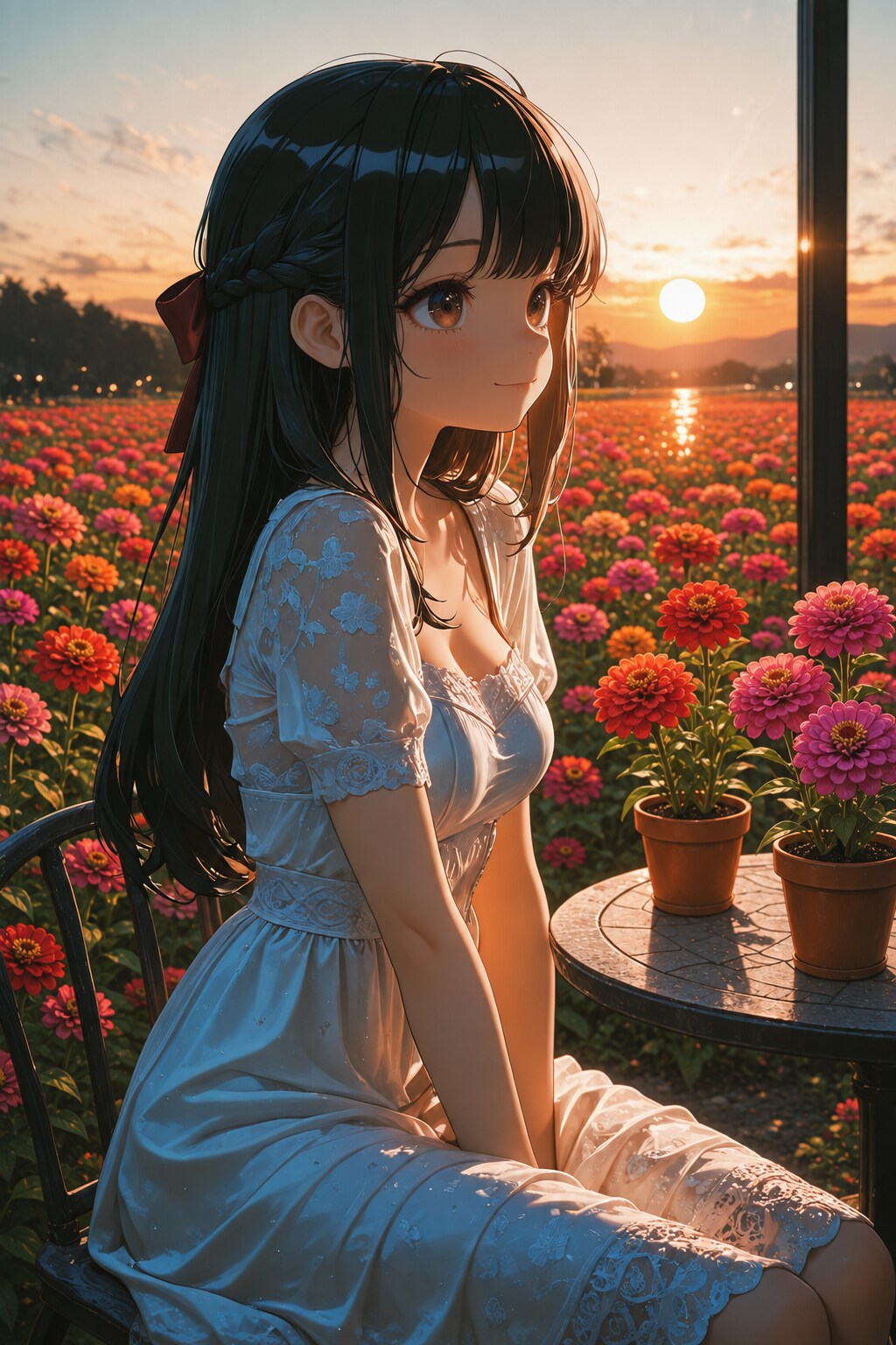 百日草、夕映えに微笑む