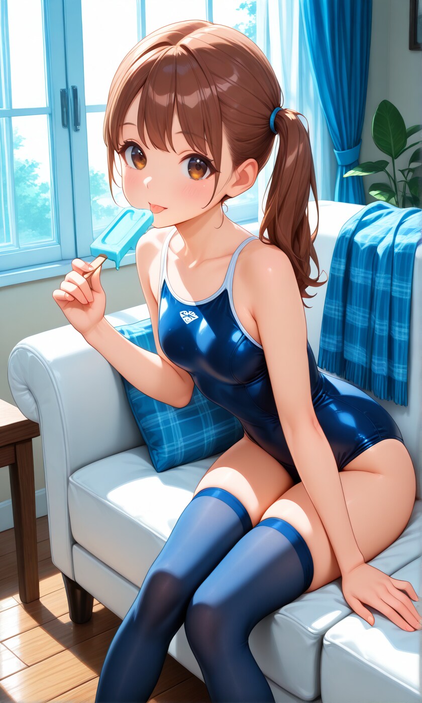 部屋でアイスを食べるスク水サイドポニー女子