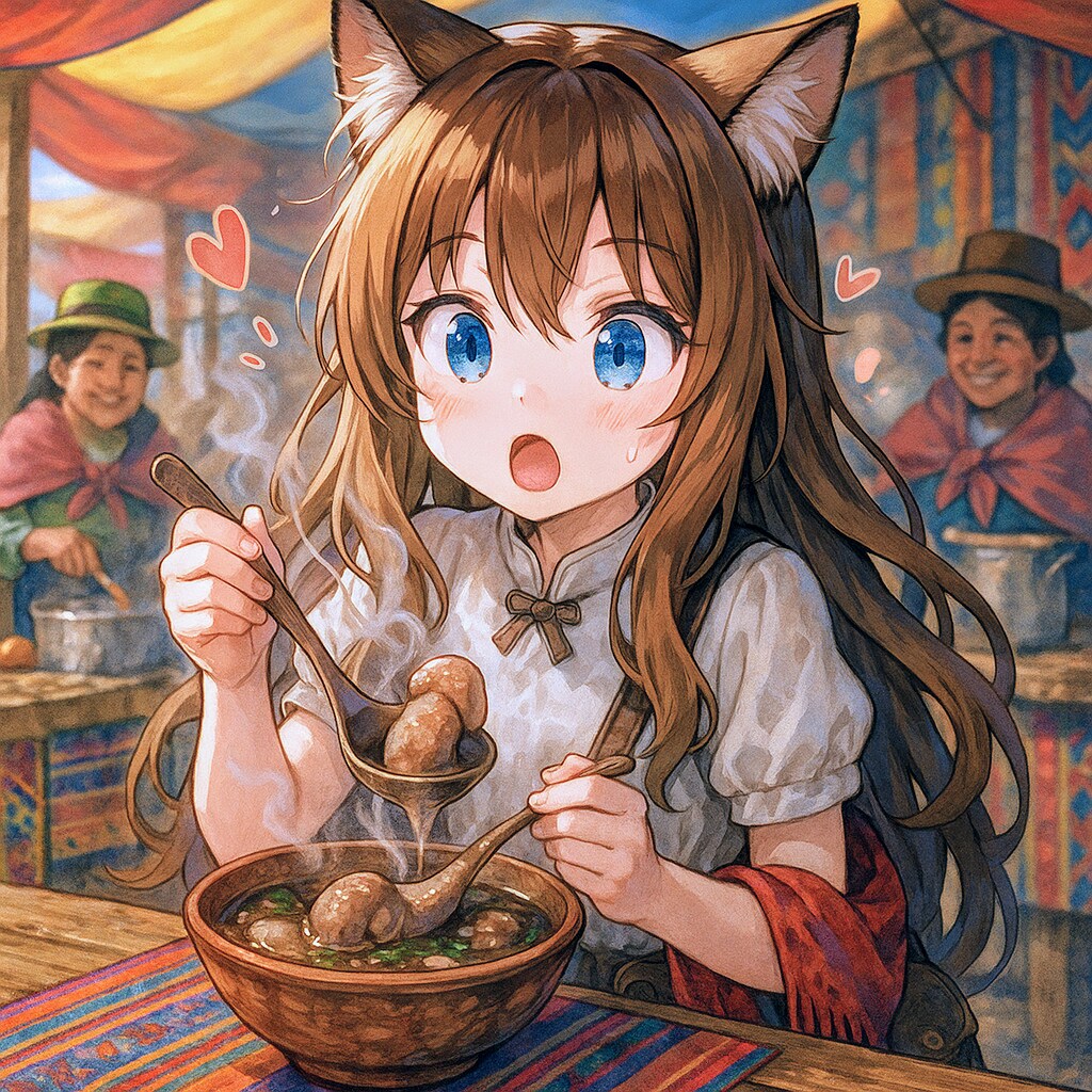 Caldo de CardánとSuspiro Limeñoを食べる小さな女の子