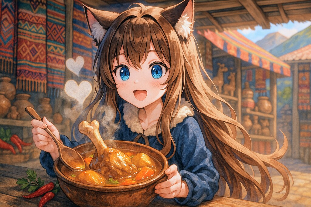 Caldo de CardánとSuspiro Limeñoを食べる小さな女の子