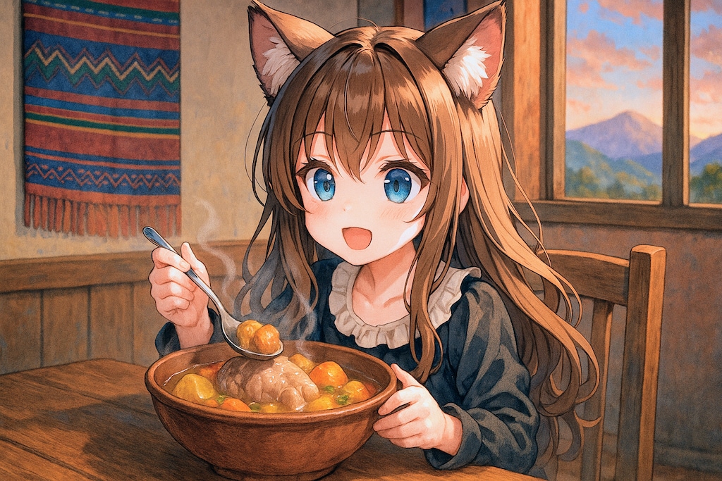 Caldo de CardánとSuspiro Limeñoを食べる小さな女の子