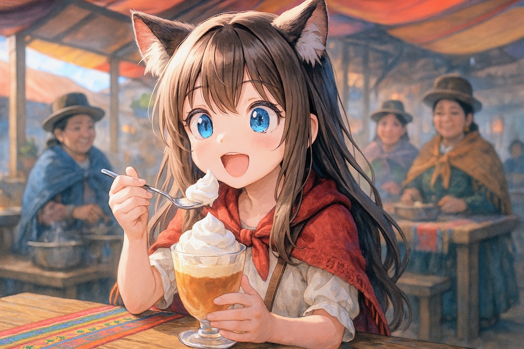 Caldo de CardánとSuspiro Limeñoを食べる小さな女の子