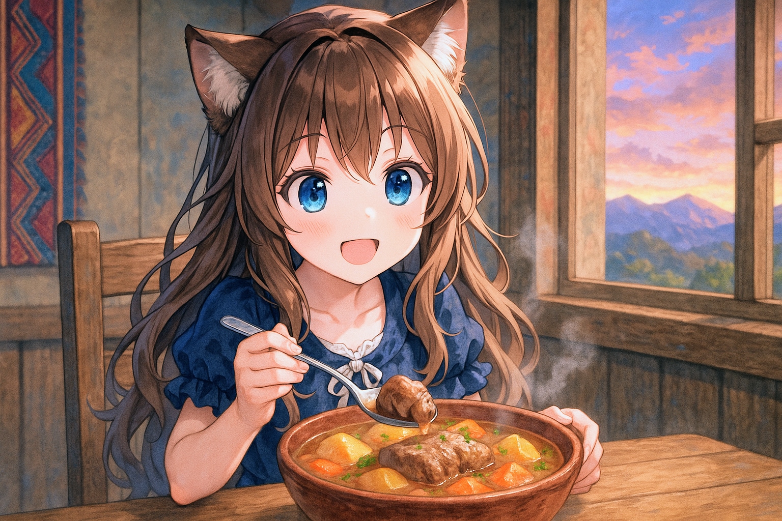 Caldo de CardánとSuspiro Limeñoを食べる小さな女の子 | の人気AIイラスト・グラビア