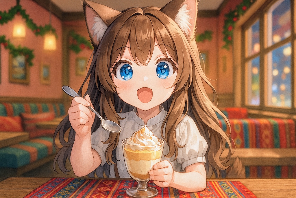 Caldo de CardánとSuspiro Limeñoを食べる小さな女の子