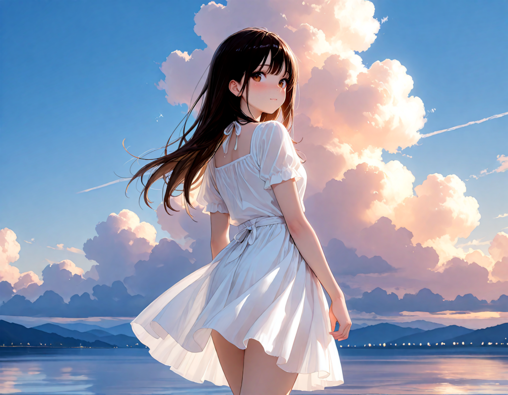 夕方、湖