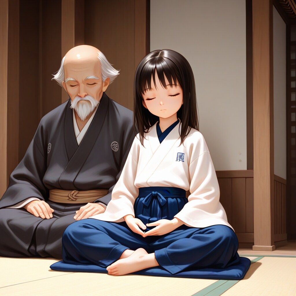 座禅をしている女の子とおじいちゃん