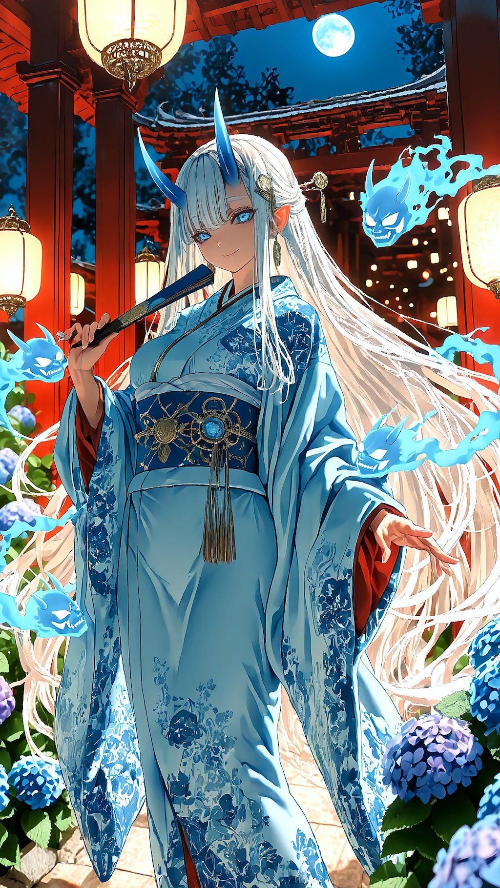 月青の鬼姫｜青い霊光と紫陽花庭園