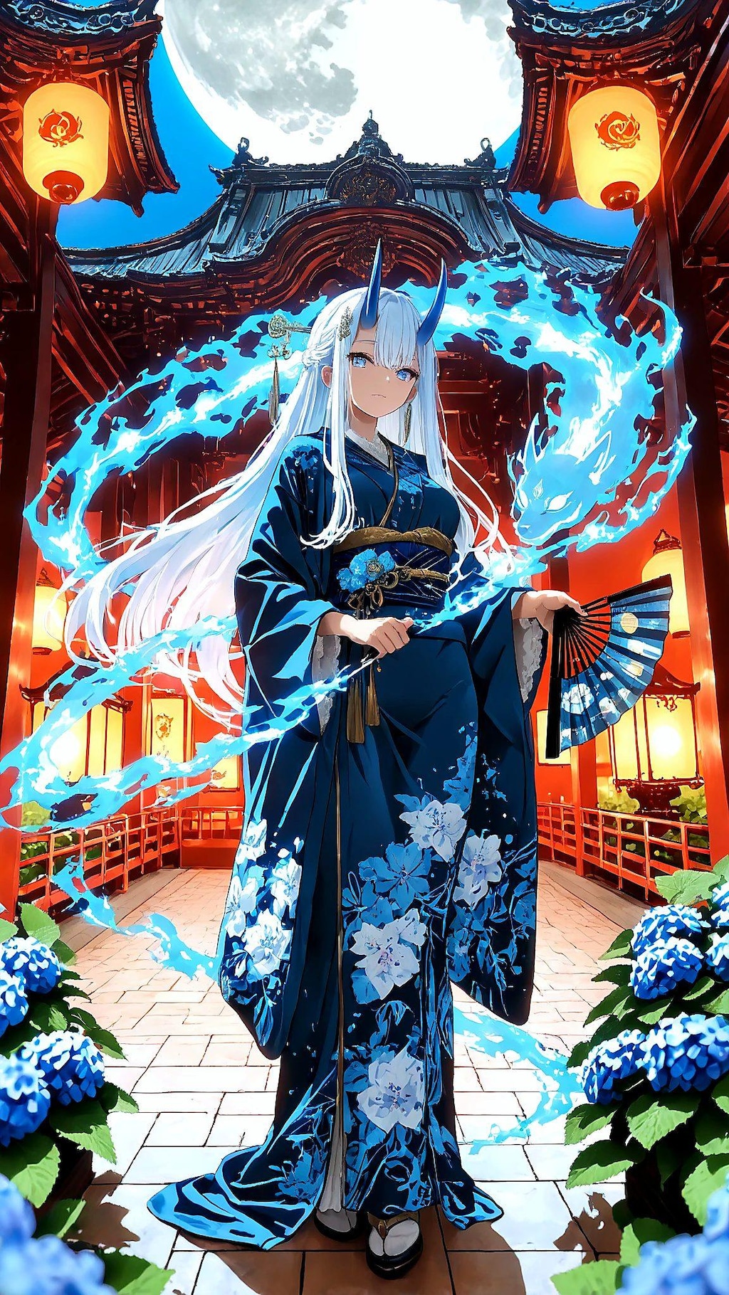 月青の鬼姫｜青い霊光と紫陽花庭園