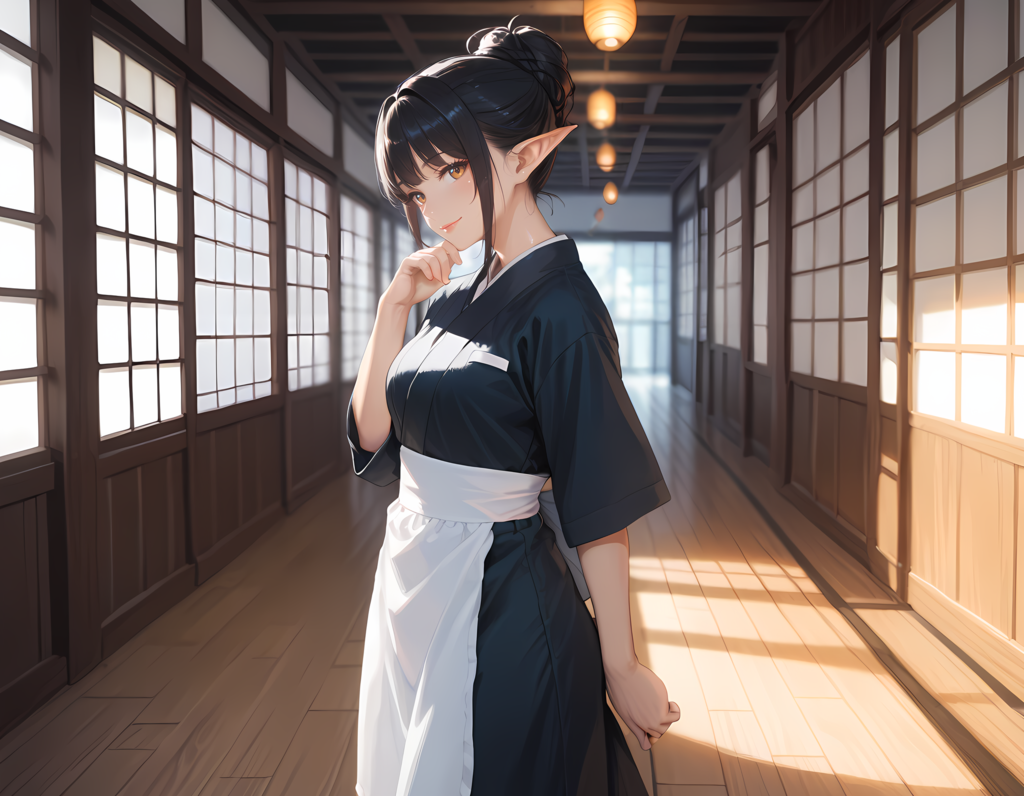 和風旅館で働く黒髪エルフさん