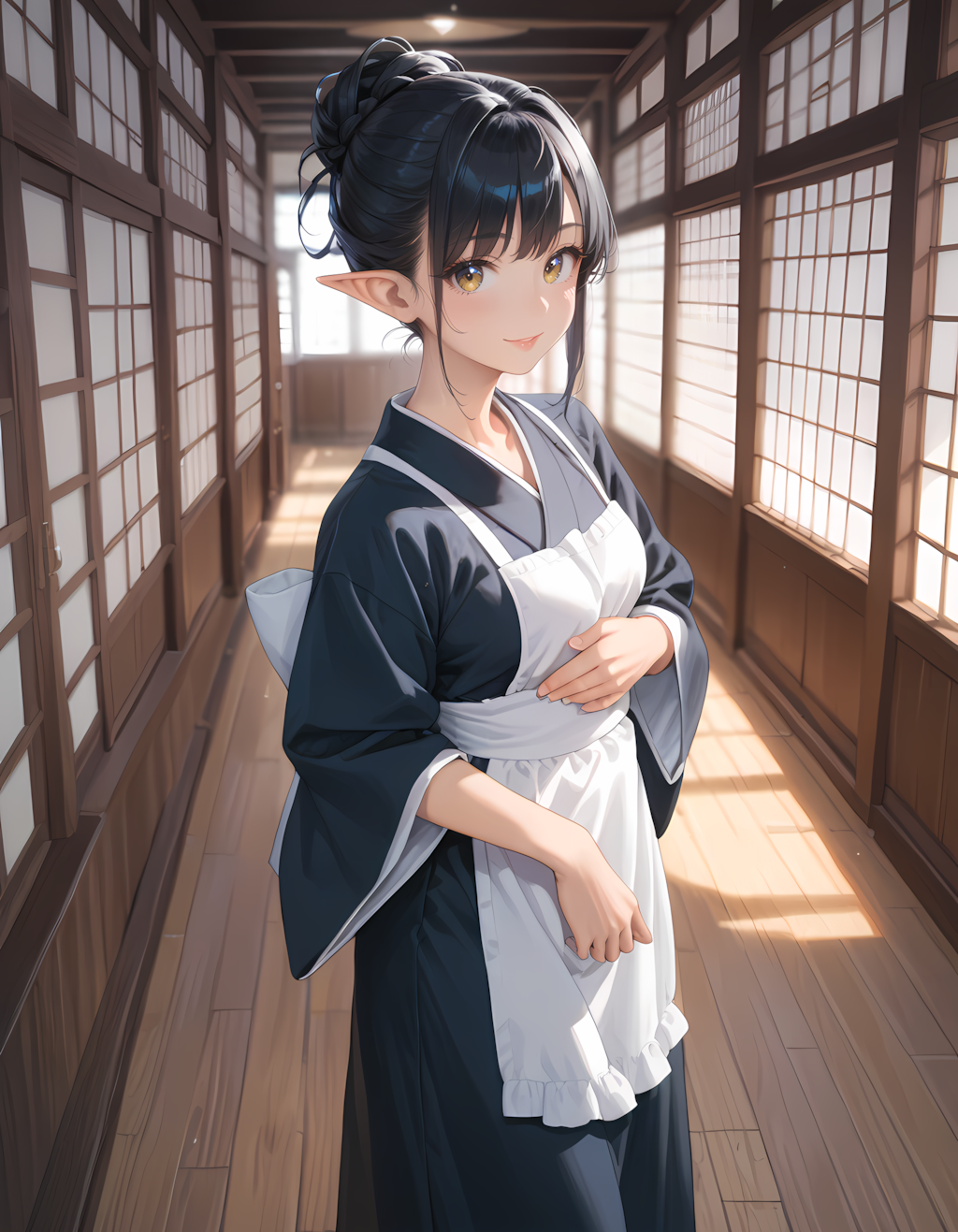 和風旅館で働く黒髪エルフさん