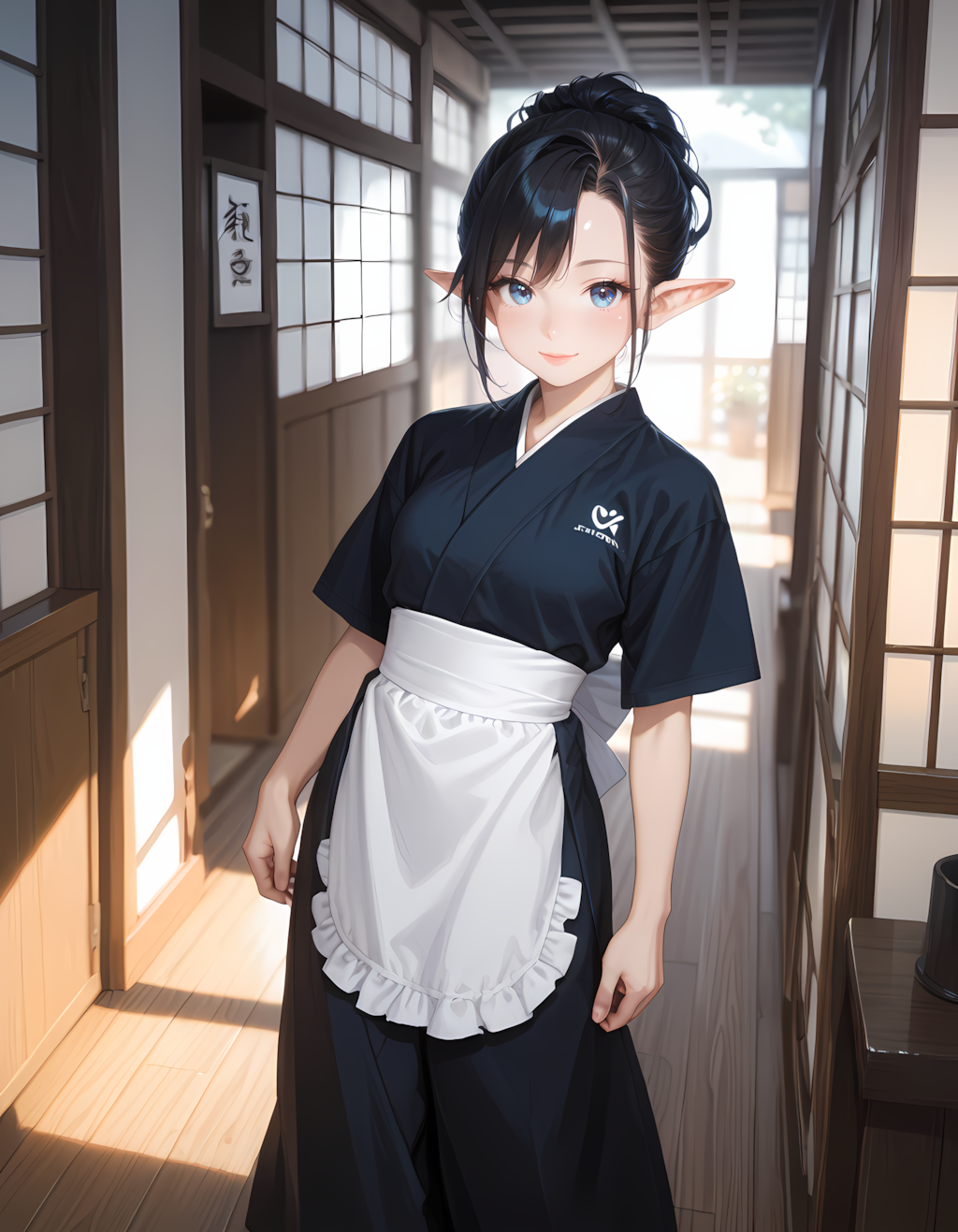 和風旅館で働く黒髪エルフさん