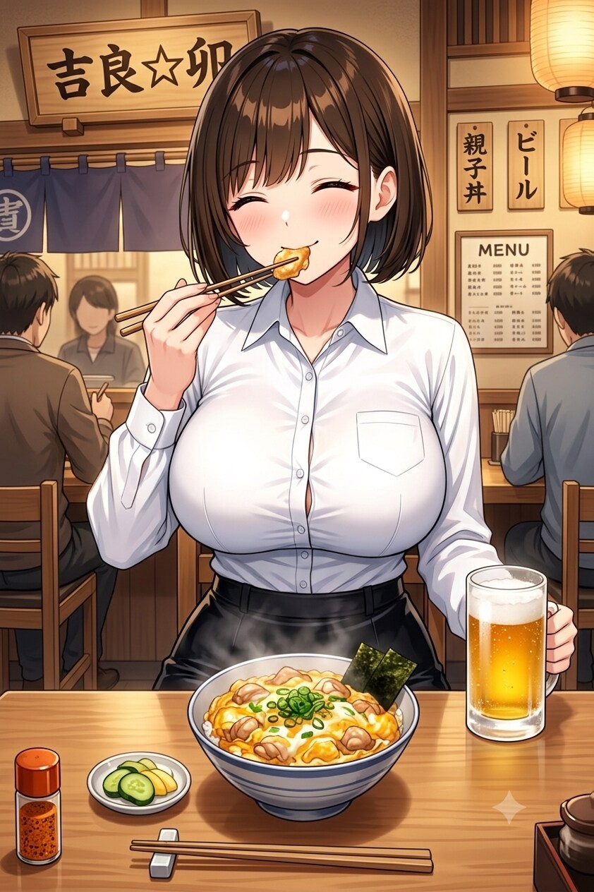 吉良☆卯で親子丼食べるアキちゃん