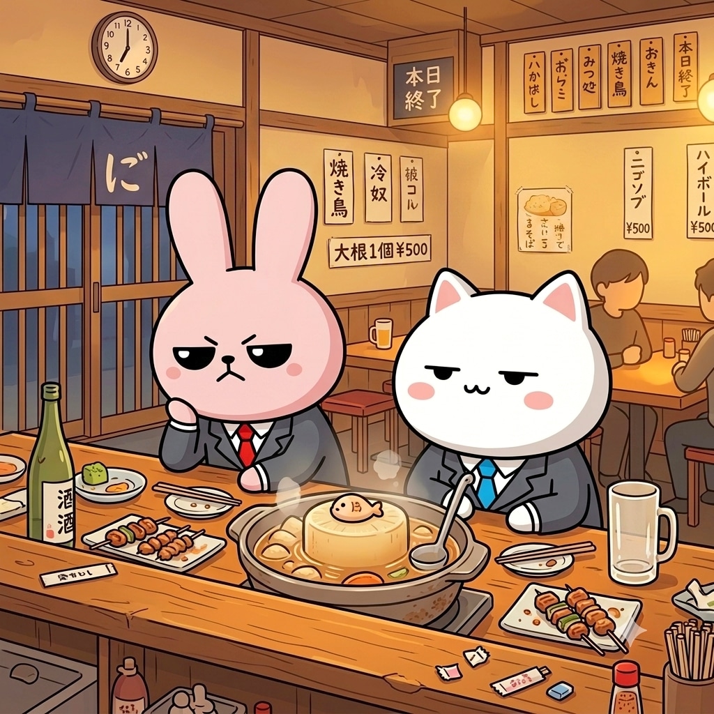 本日もお疲れ様でした！〜ウサギ先輩とネコ後輩の反省会〜 | の人気AIイラスト・グラビア