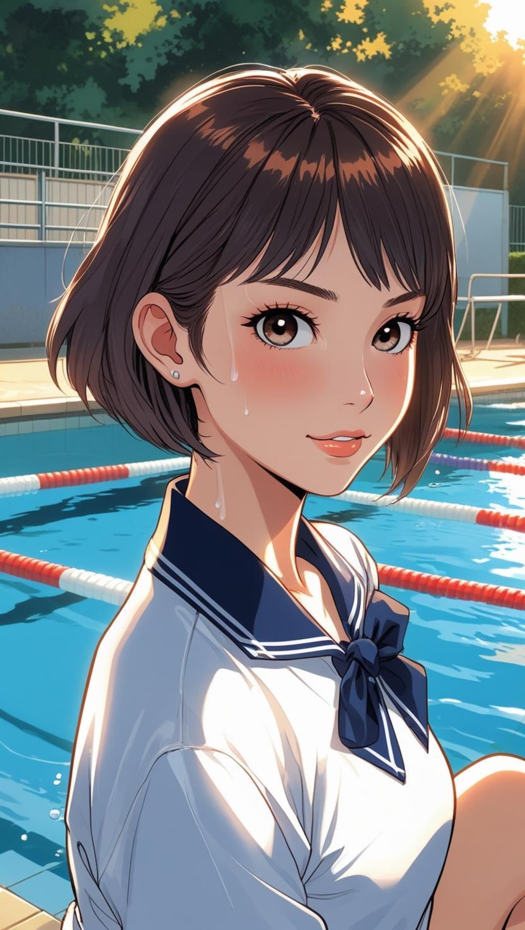 プールサイドの制服少女