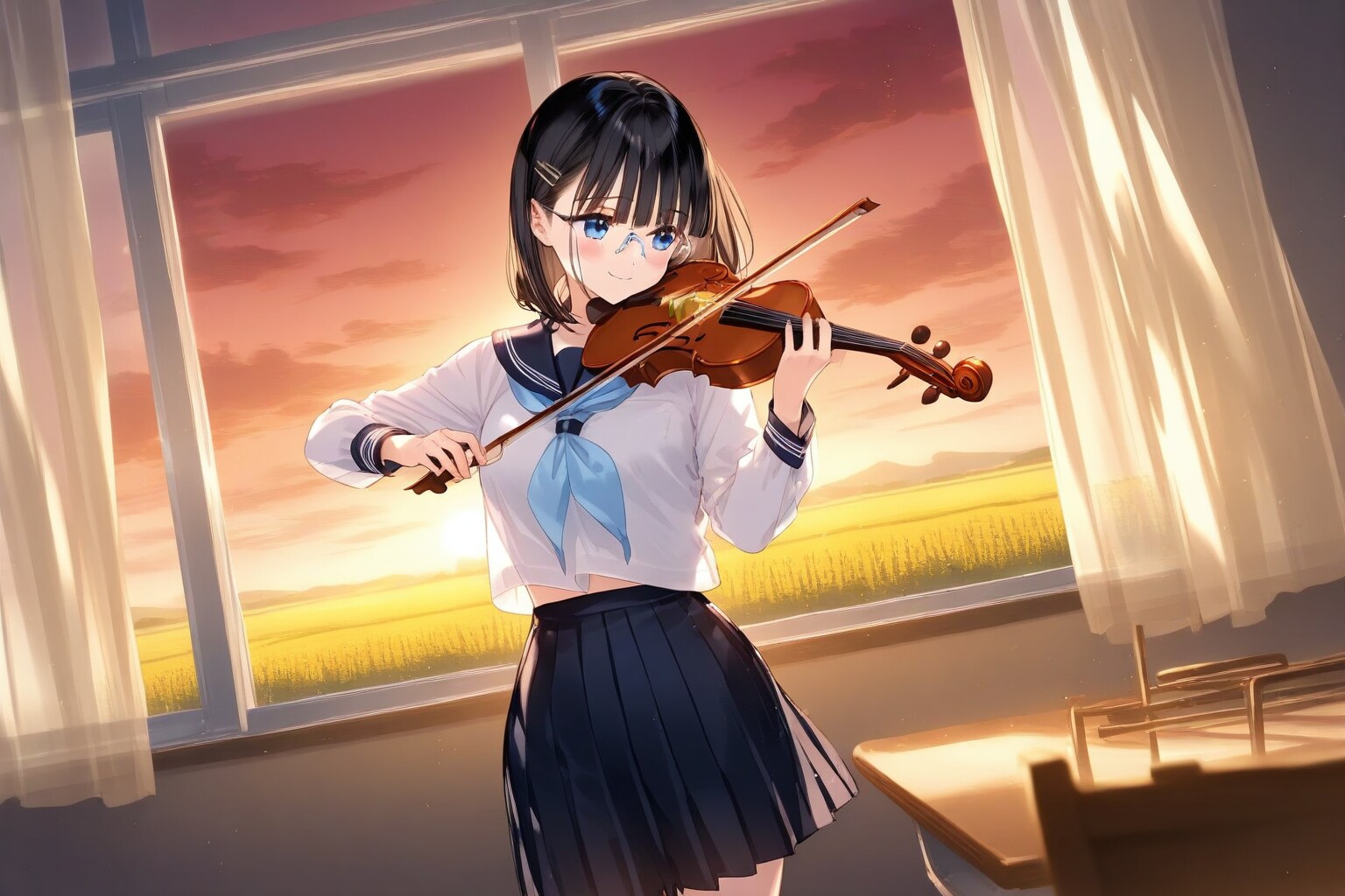 夕焼けの音楽室のメガネちゃん👓✨ | の人気AIイラスト・グラビア