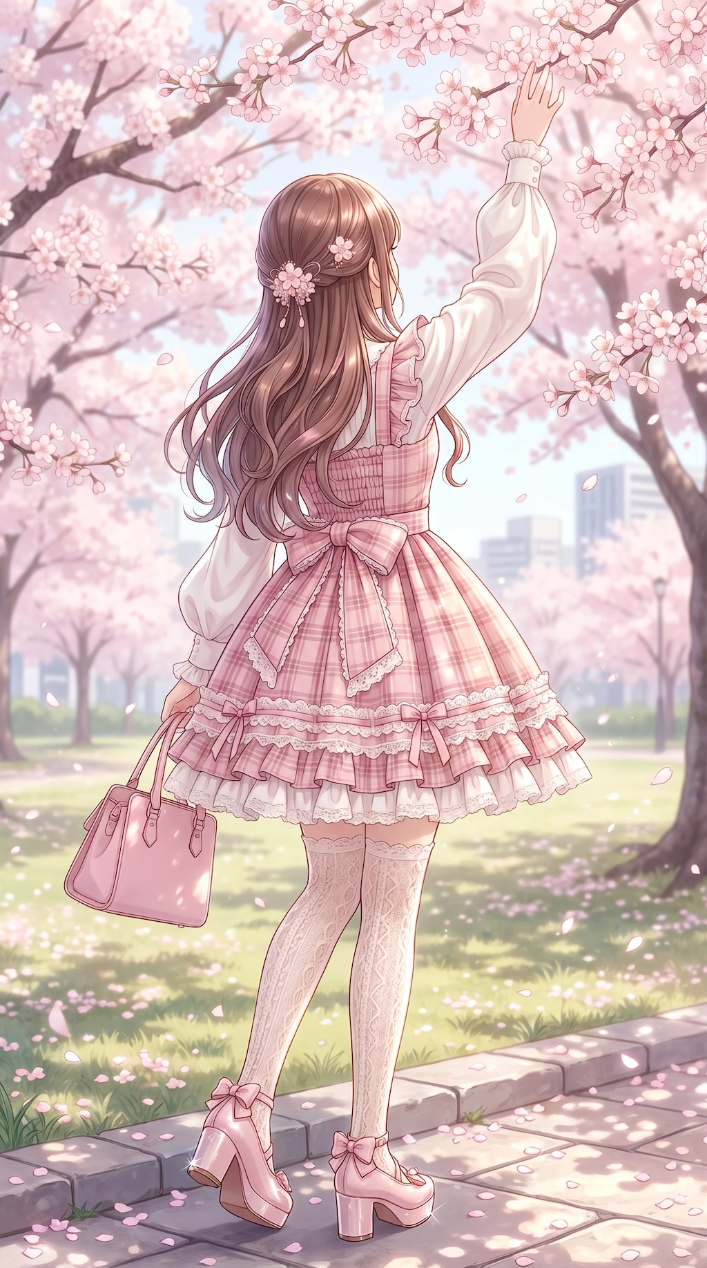 櫻霞に佇む乙女