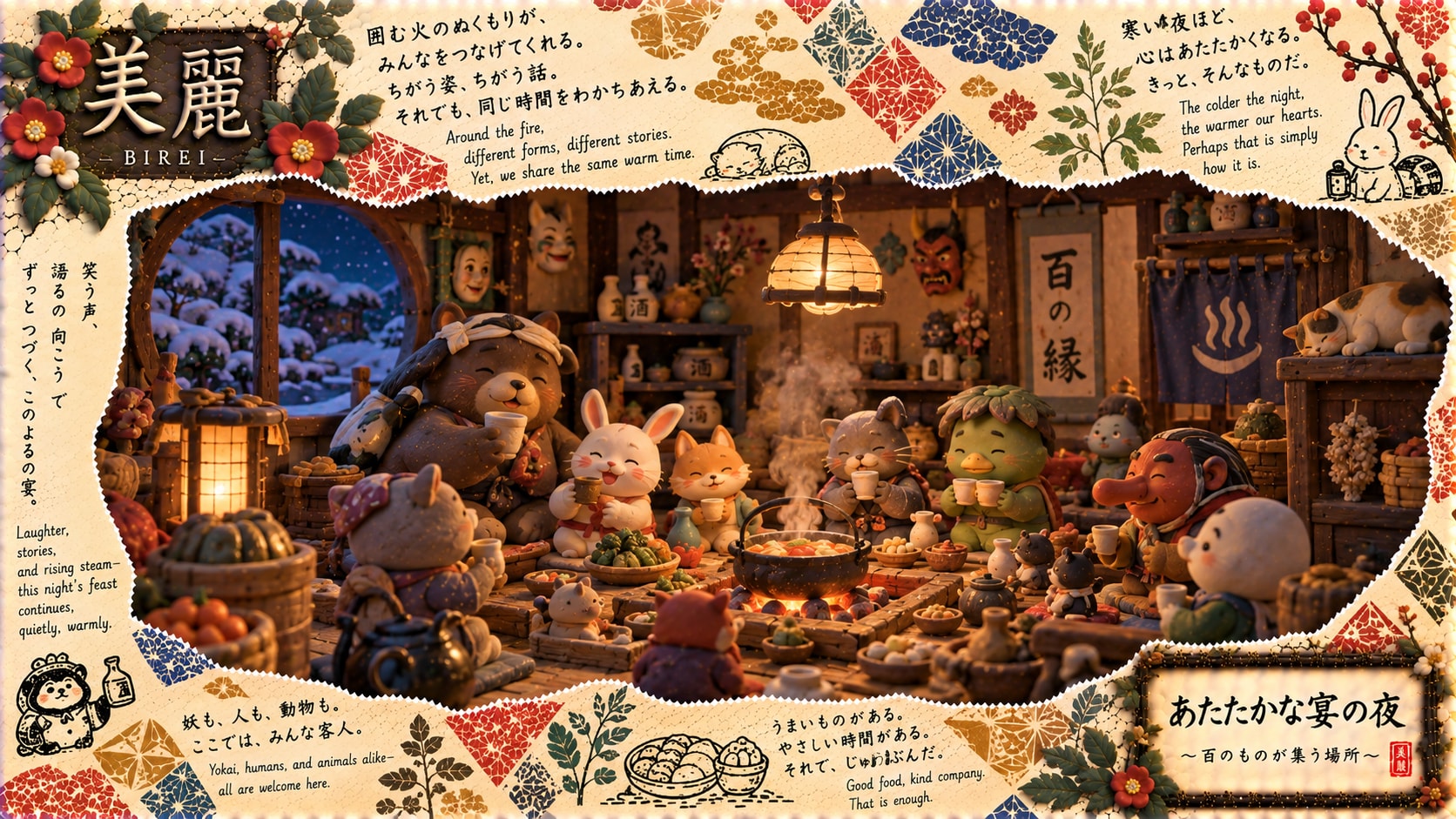 A warm night's feast where yokai, humans, and animals alike gather around the fire.  Around the fire | の人気AIイラスト・グラビア