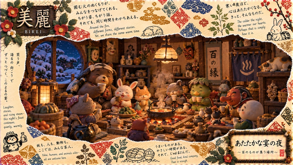 A warm night's feast where yokai, humans, and animals alike gather around the fire.  Around the fire