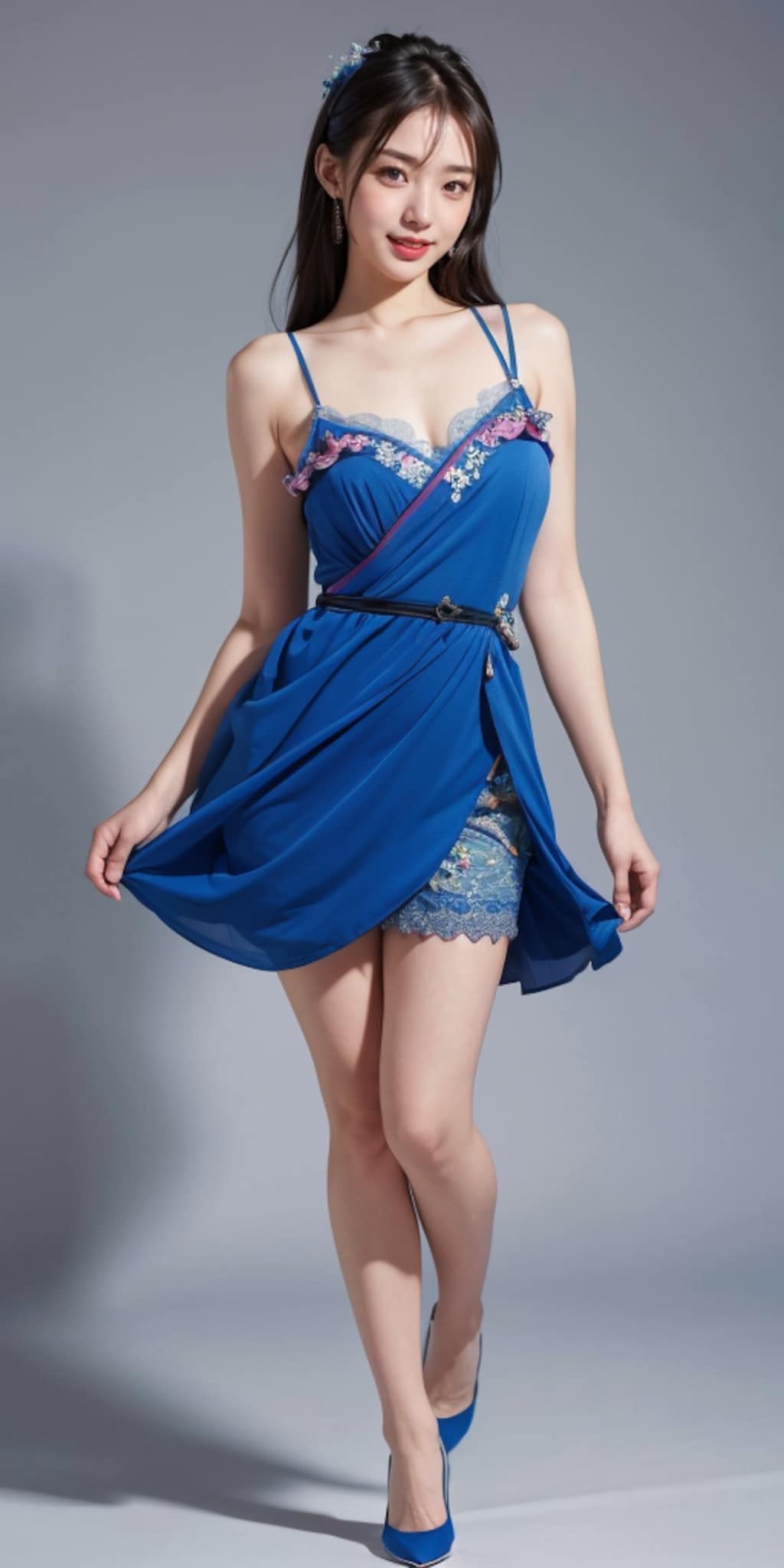 青いドレスの全身ショット