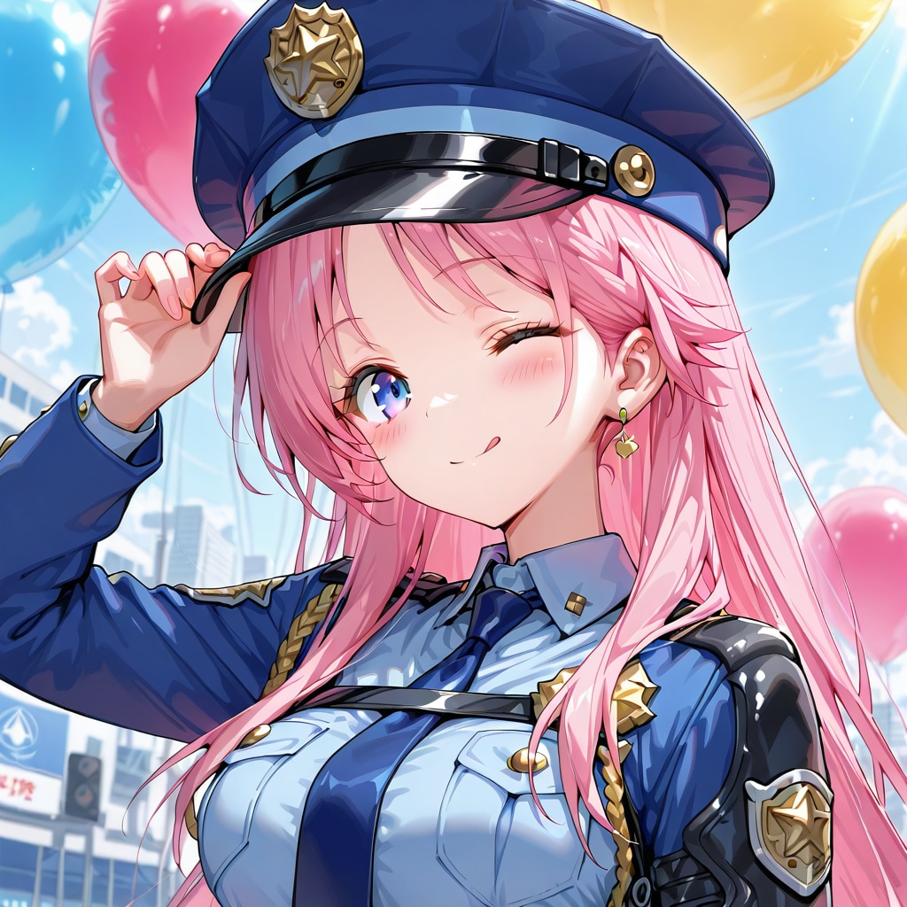 いっぱい風船を持つピンク髪ロングの警察官の美女。 | の人気AIイラスト・グラビア