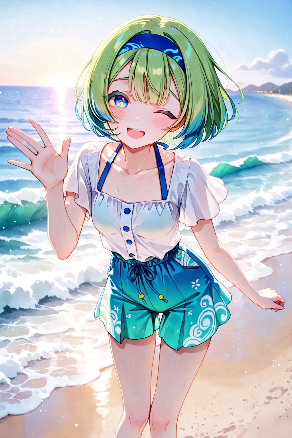 黄昏が近い波打ち際で
