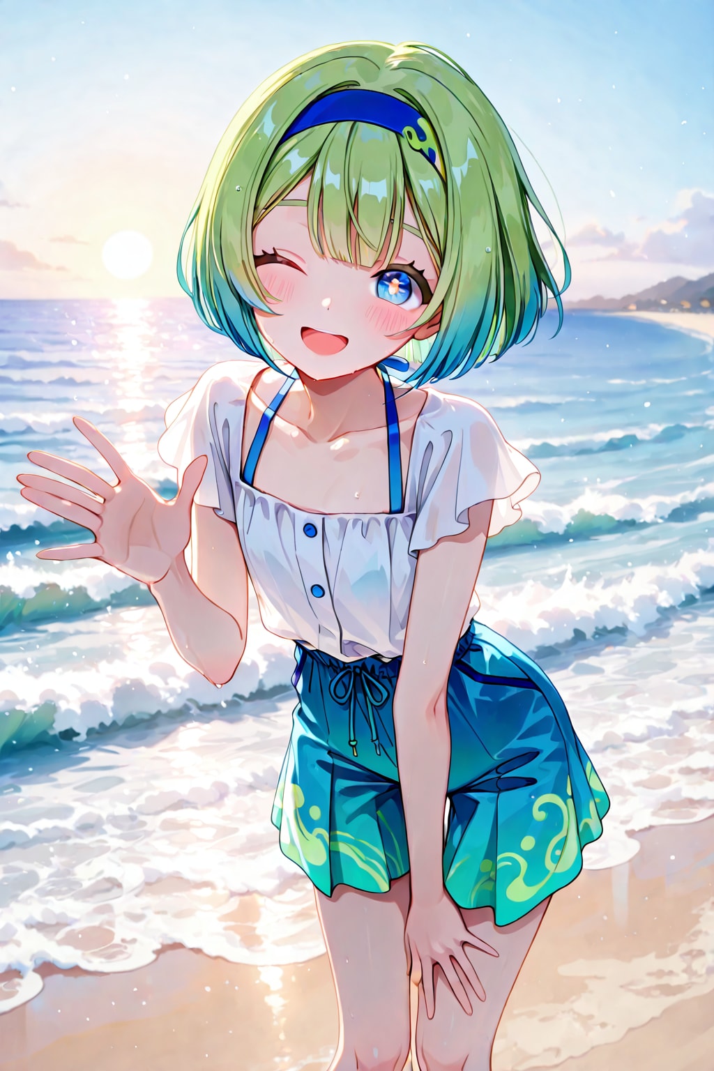 黄昏が近い波打ち際で