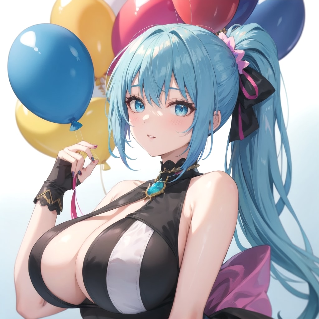 いっぱい色とりどりの風船を持つ水色髪ポニーテールのアイドル