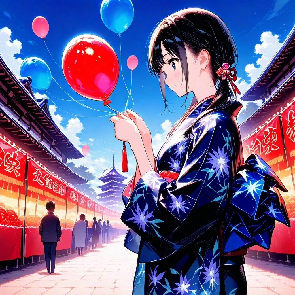 お祭りの屋台でいっぱい風船を持つ黒髪おさげの着物美女。
