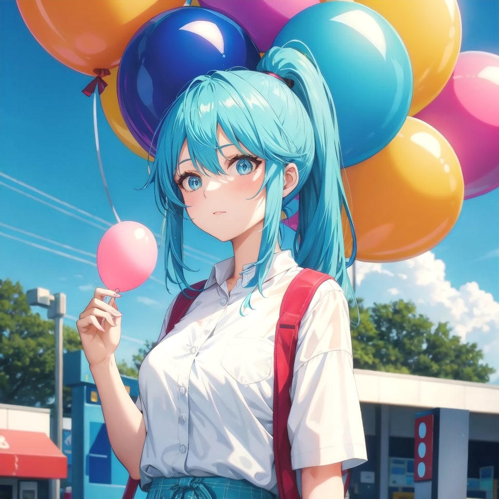 いっぱい色とりどりの風船を持つ水色髪ポニーテールのガソリンスタンドの美女店員さん | の人気AIイラスト・グラビア