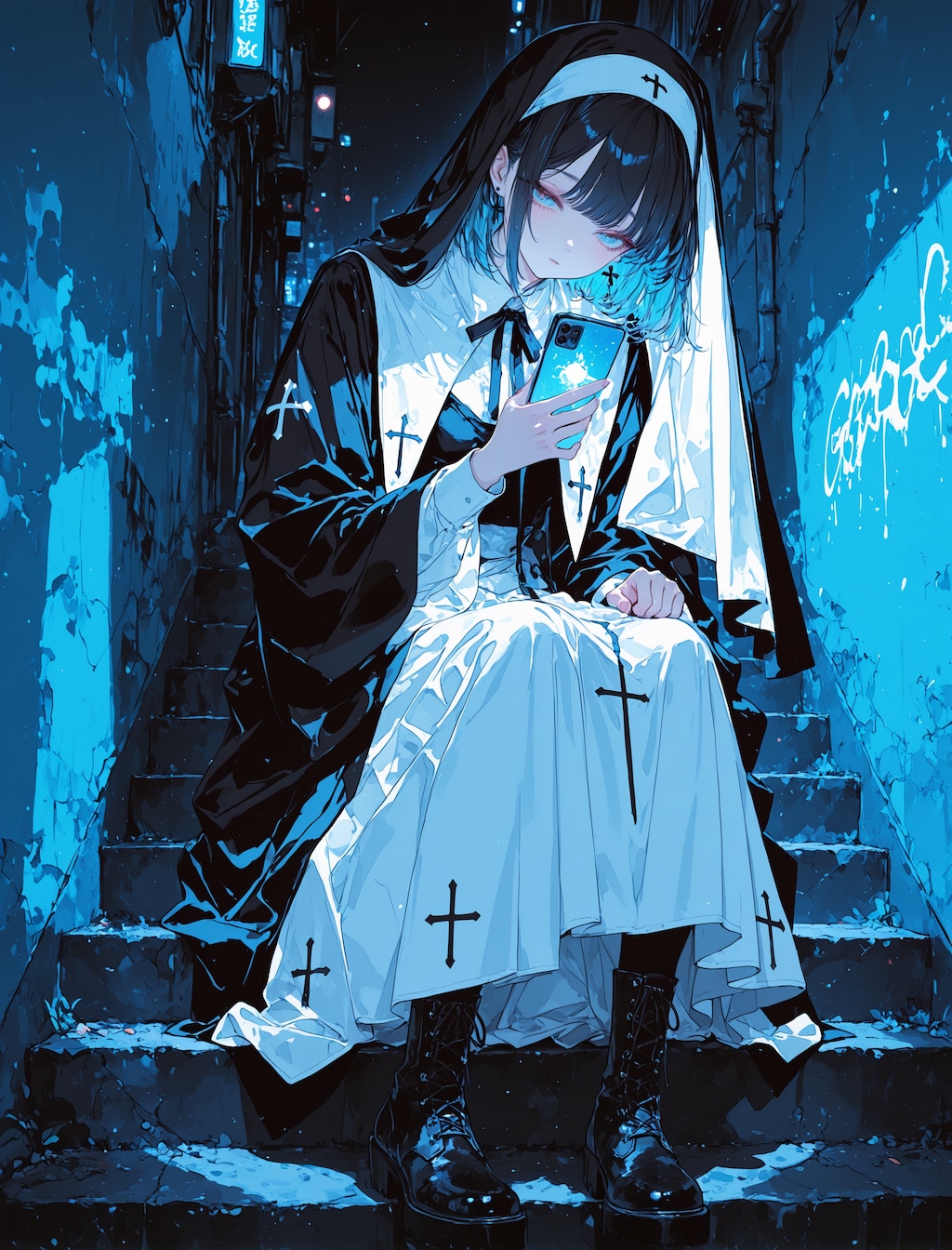 街中で携帯を見るシスター