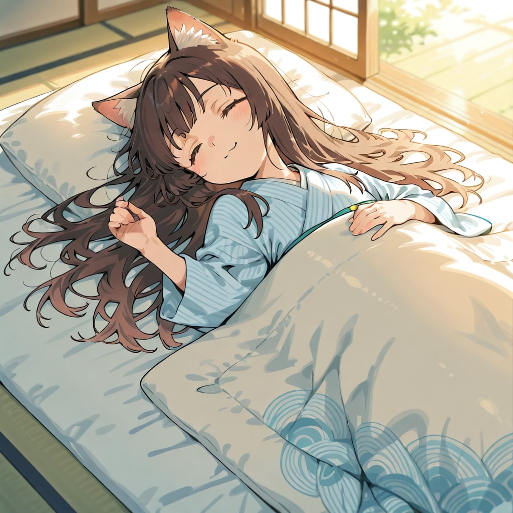 春の日差しのなかで幸せそうに寝てる小さな女の子