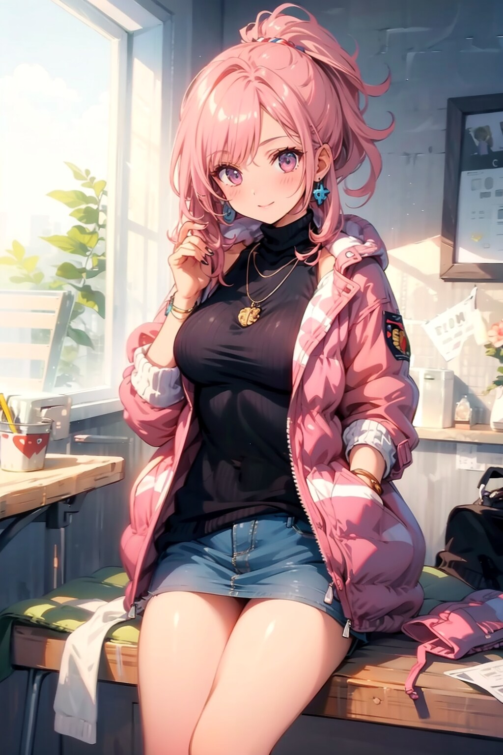 ピンクのダウンジャケット