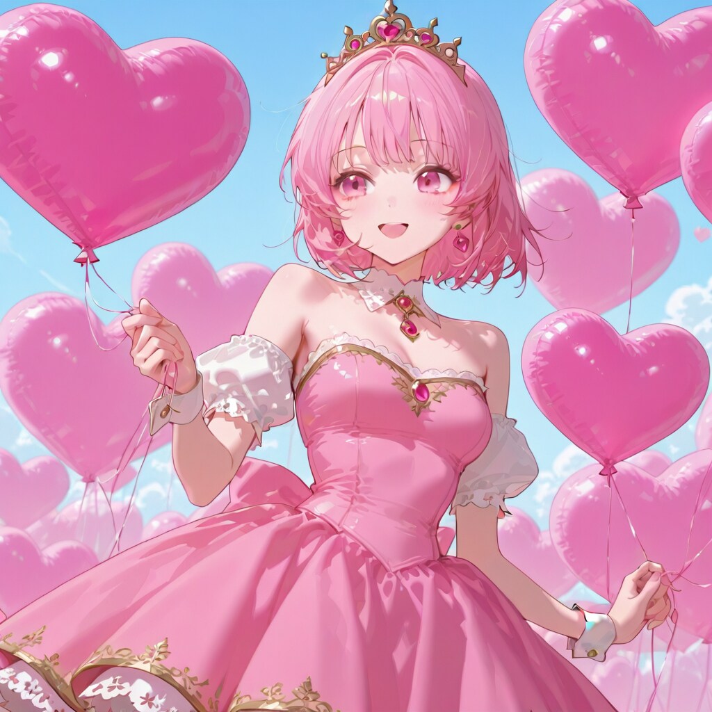 ピンクのハート風船を持つピンク髪ショートカットのお姫様。