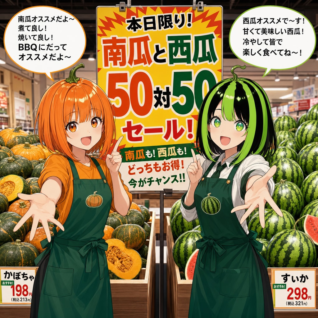 南瓜と西瓜の５０対５０セール | の人気AIイラスト・グラビア