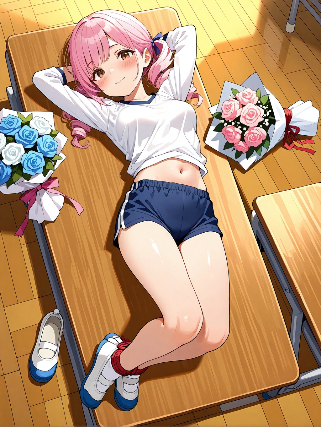 足首縛って腹筋運動（花は添えるだけ）