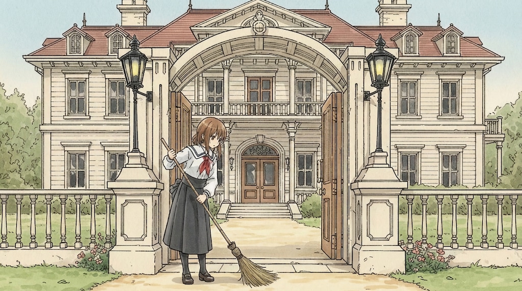 洋館をお掃除するメイド (メイド42)