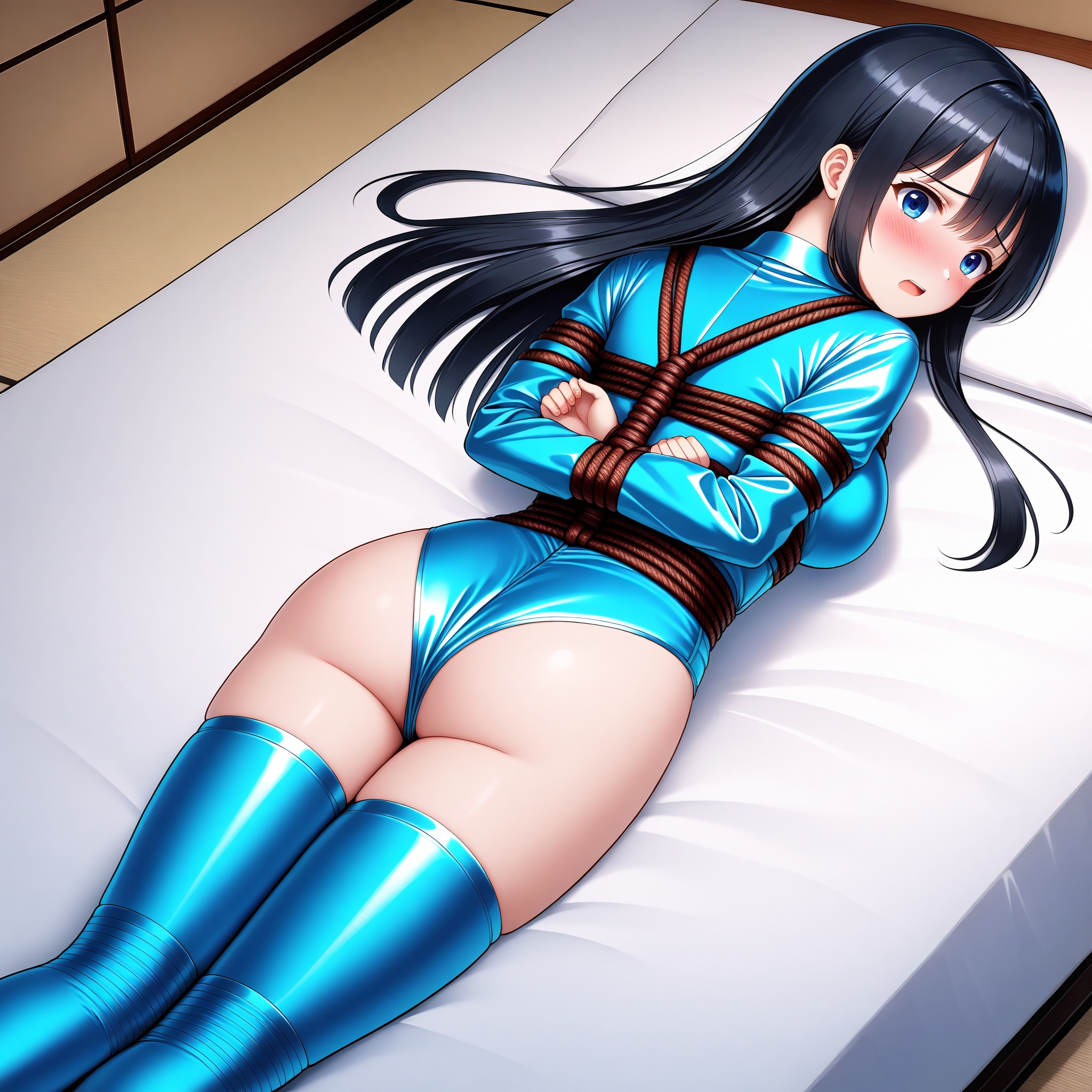 水色サテンレオタードサイハイソックスうつ伏せ緊縛