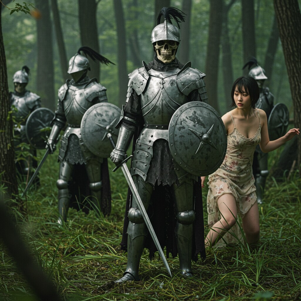 スケルトン騎士団と戦うキャミソール女性