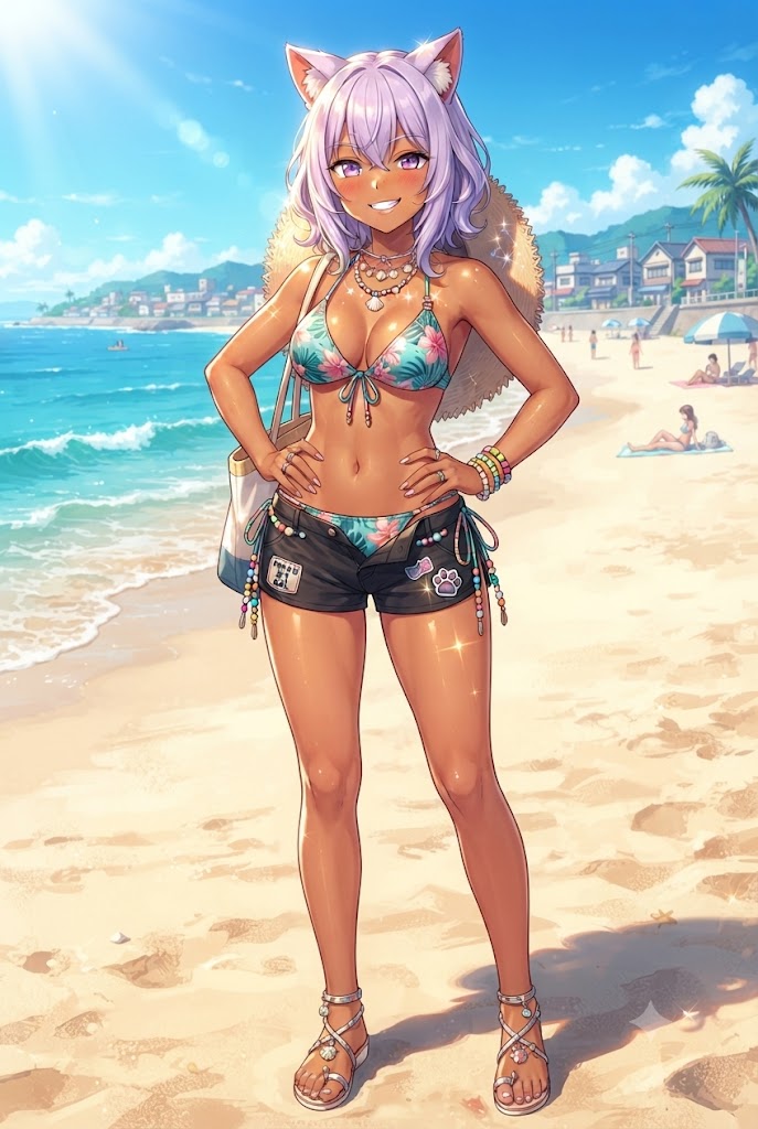 海水浴デートの短パンビキニ日焼けギャルのシス