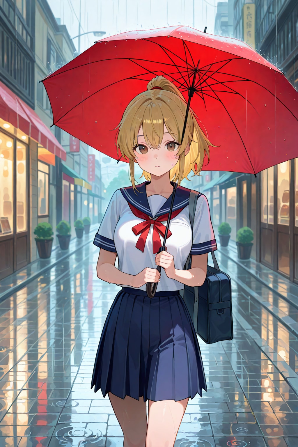 雨の中、帰宅する金ポニテちゃん