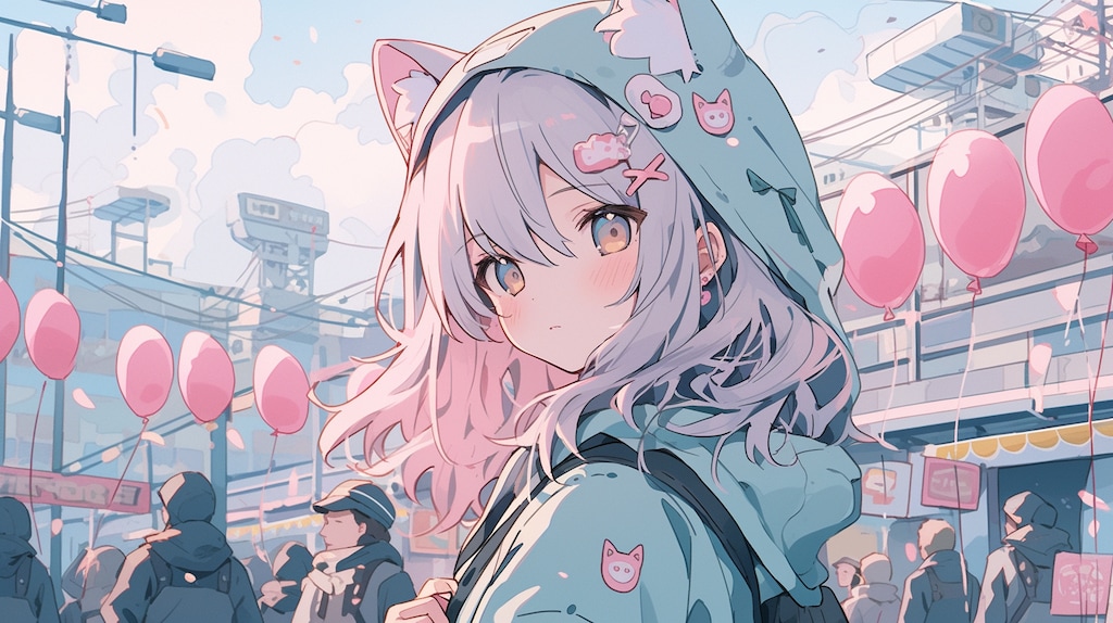 風船舞う街で微笑む猫耳少女