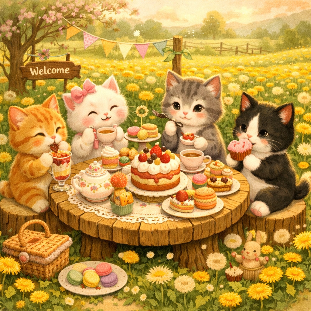 タンポポ畑のスイーツ会 | の人気AIイラスト・グラビア