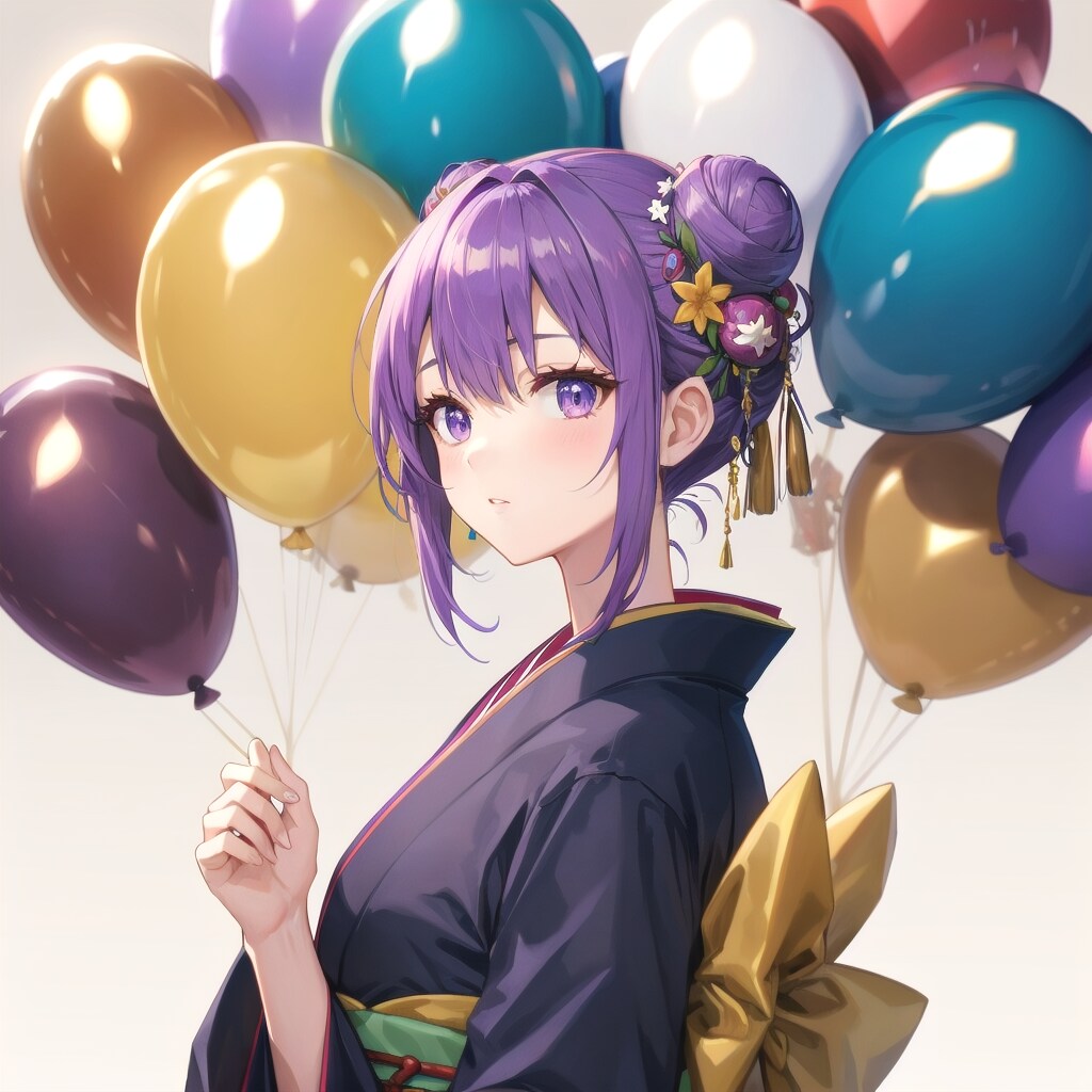いっぱい風船を持つ紫髪お団子ヘアの着物着た美女。 | の人気AIイラスト・グラビア