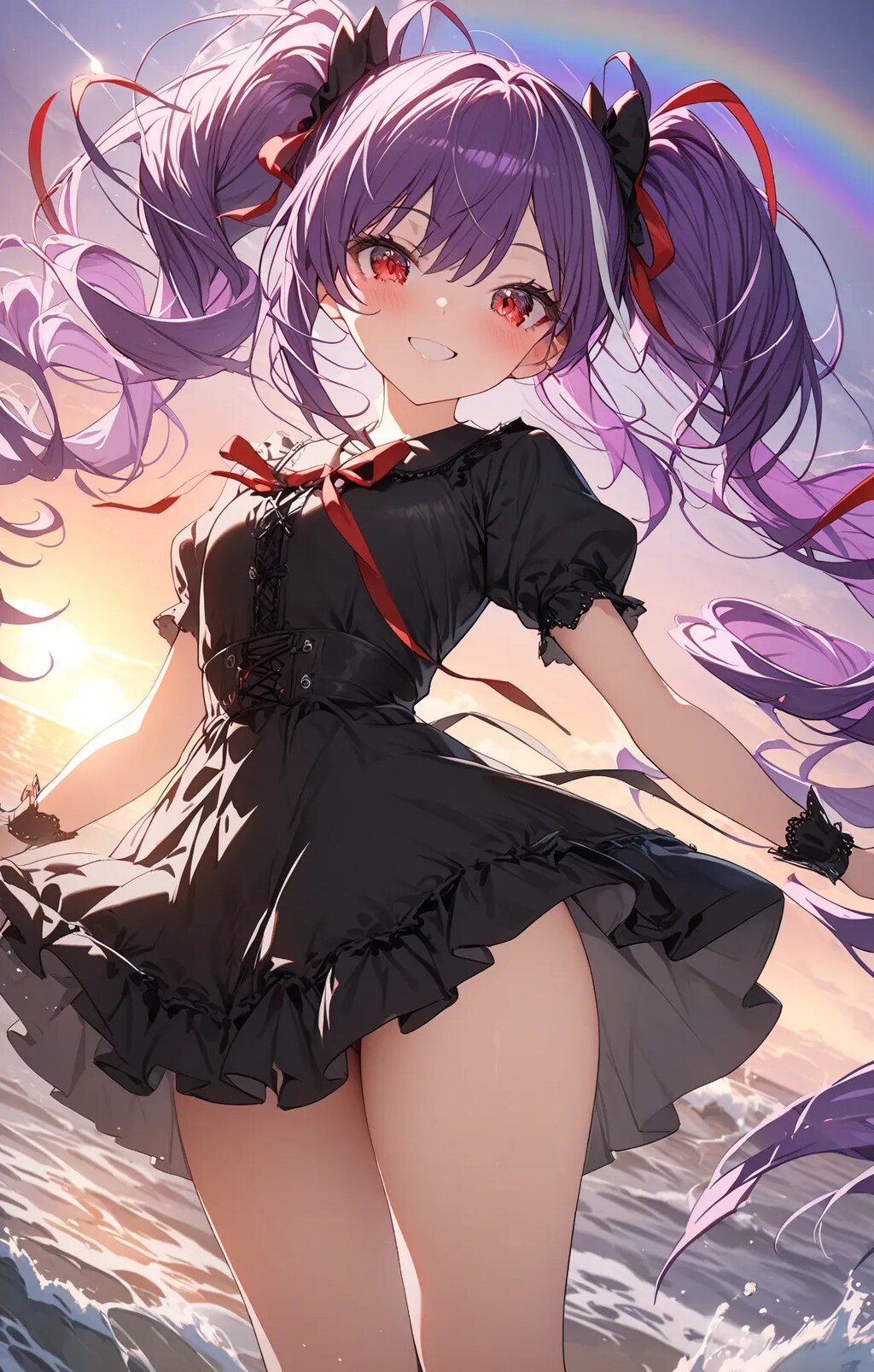 夕日と紫髪の少女