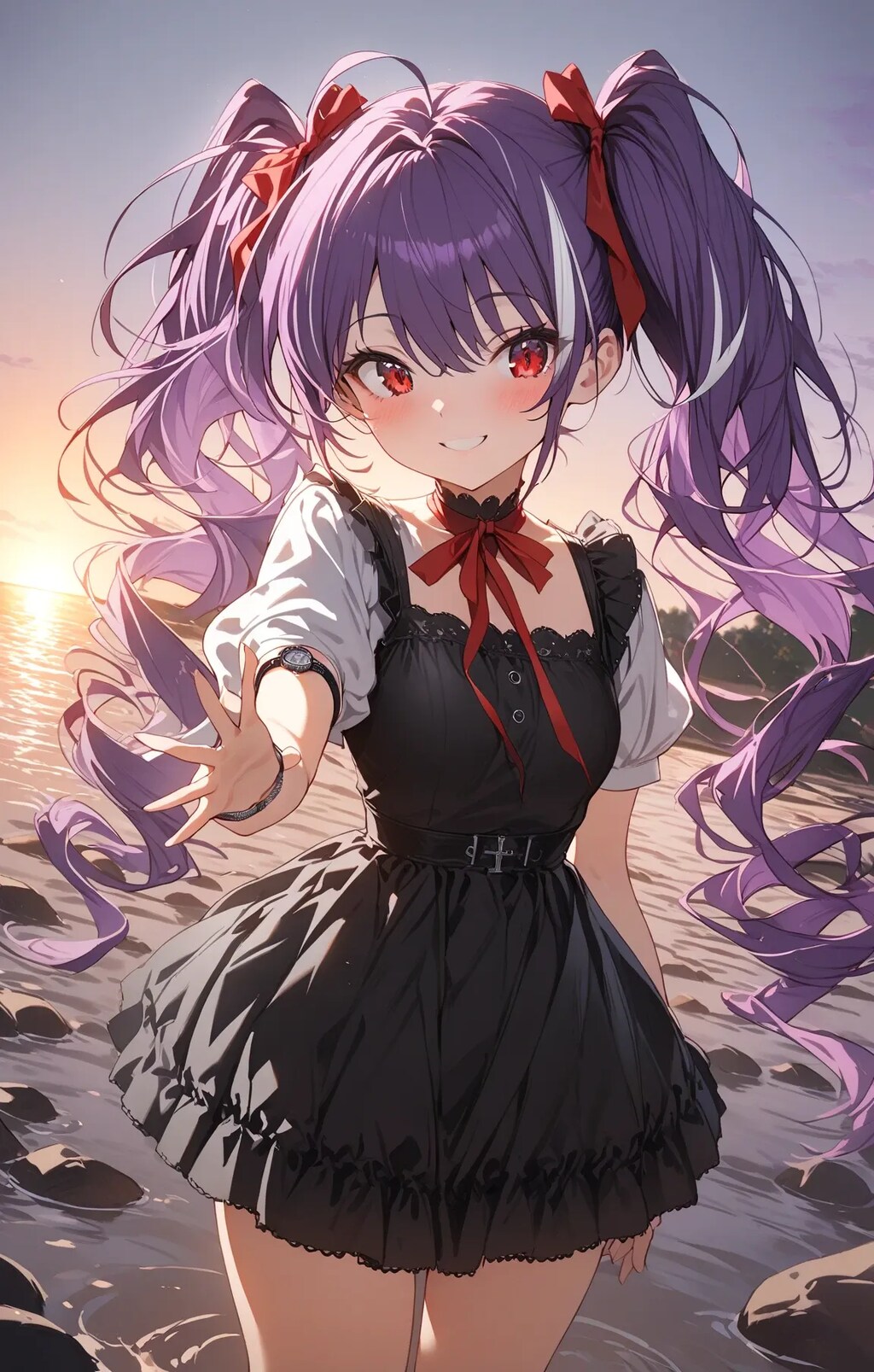 夕日と紫髪の少女